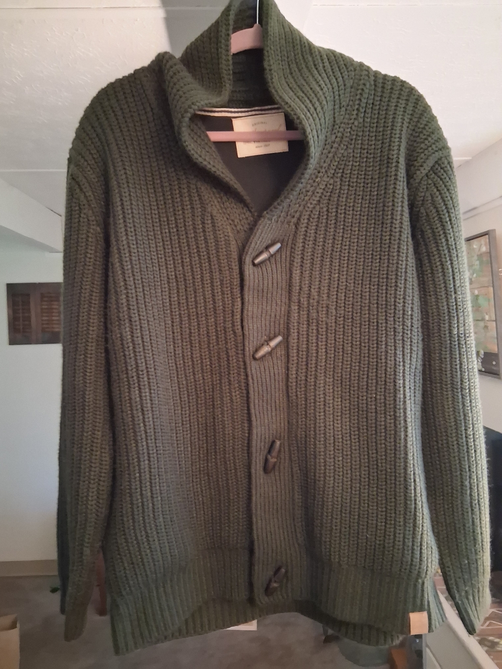 Weatherproof Olive Green Shawl Collar Toggle Cardigan